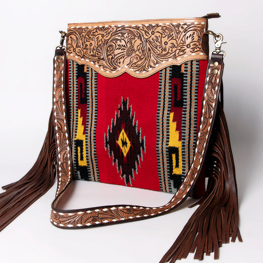 LC-ADBGA118 Red Southwestern Wool Crossbody with Tooled Leather Yoke & Fringe Western Artisan Shoulder Bag