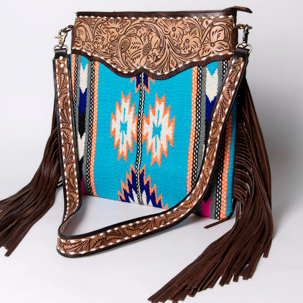 LC-ADBGA120 Turquoise Southwestern Wool Crossbody with Tooled Leather Yoke & Fringe Western Artisan Shoulder Bag