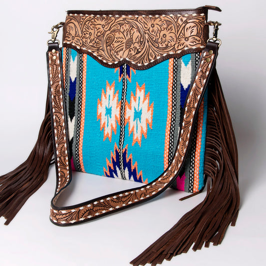 LC-ADBGA120 Turquoise Southwestern Wool Crossbody with Tooled Leather Yoke & Fringe Western Artisan Shoulder Bag