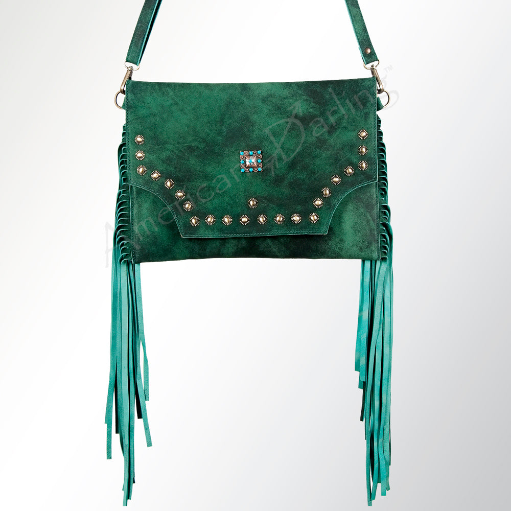 LC-ADBGZ284 Green Genuine suede Western Fringe Bag - Turquoise Studded Crossbody Flap Purse