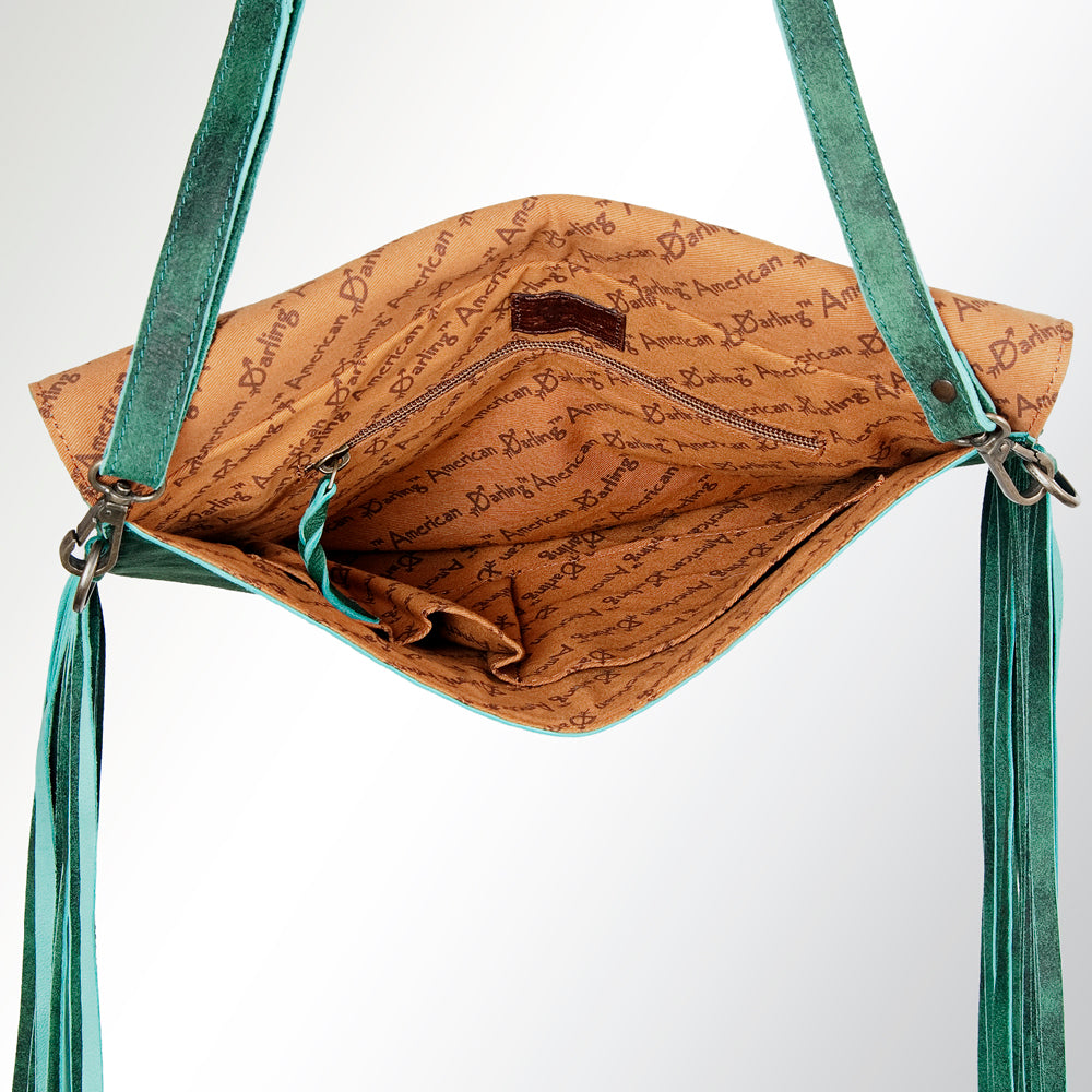 LC-ADBGZ284 Green Genuine suede Western Fringe Bag - Turquoise Studded Crossbody Flap Purse