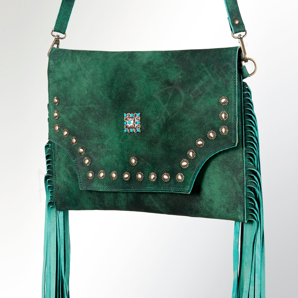 LC-ADBGZ284 Green Genuine suede Western Fringe Bag - Turquoise Studded Crossbody Flap Purse