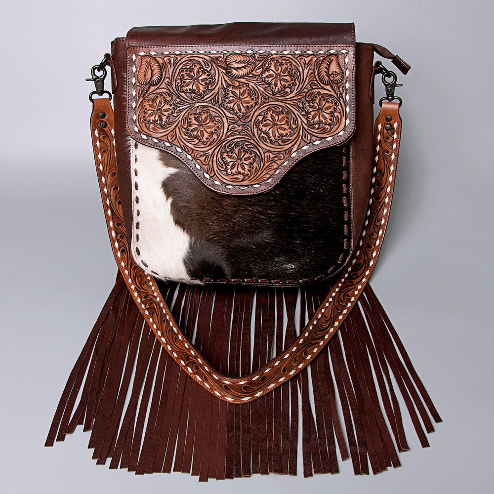 LC-ADBGZ289 Brown Leather & Cowhide Fringe Messenger Bag - Tooled Floral Flap Purse