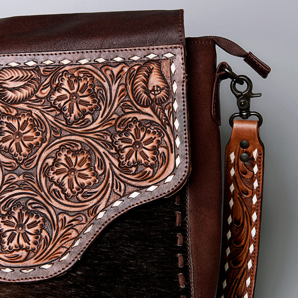 LC-ADBGZ289 Brown Leather & Cowhide Fringe Messenger Bag - Tooled Floral Flap Purse