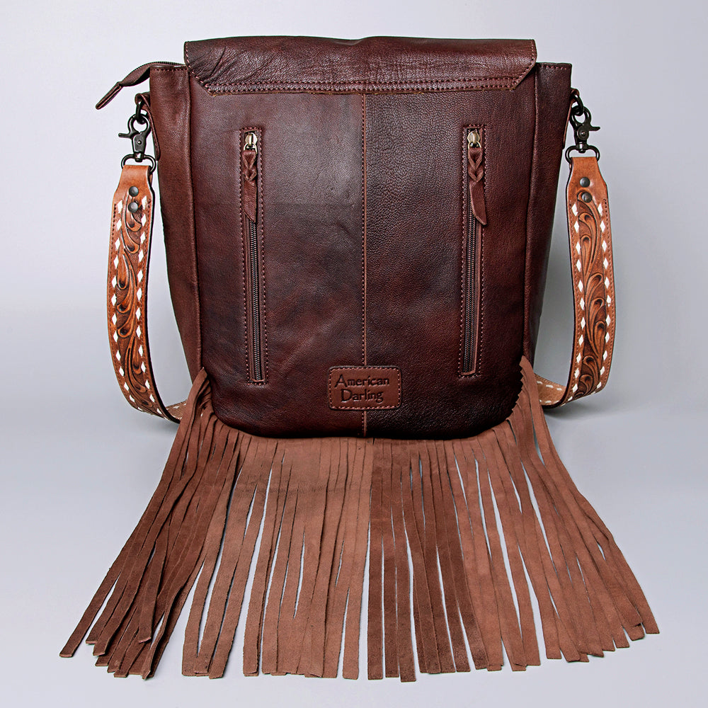 LC-ADBGZ289 Brown Leather & Cowhide Fringe Messenger Bag - Tooled Floral Flap Purse