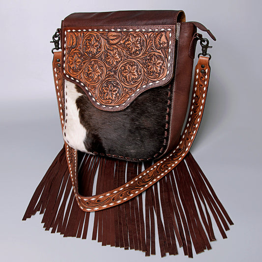 LC-ADBGZ289 Brown Leather & Cowhide Fringe Messenger Bag - Tooled Floral Flap Purse