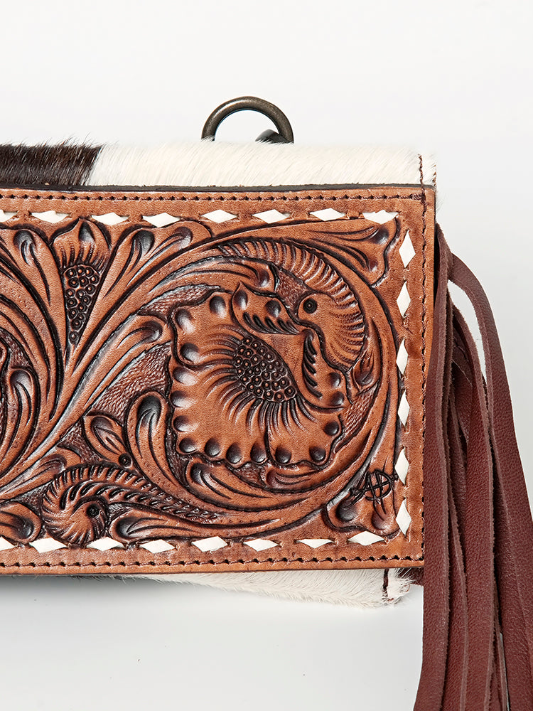 LC-ADBGZ292 Tooled Leather Wallet Crossbody with Fringe - Western Cowgirl Bag