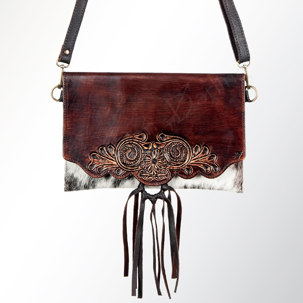 LC-ADBGZ293 Hand-Tooled Leather Wallet Crossbody - Burgundy with Cowhide Accent