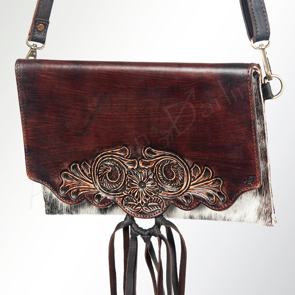 LC-ADBGZ293 Hand-Tooled Leather Wallet Crossbody - Burgundy with Cowhide Accent
