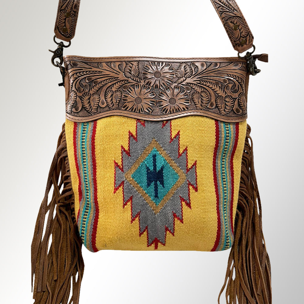 ADBG510 Tooled Leather & Saddle Blanket Crossbody Bag Paisley Western Fringe Purse by American Darling