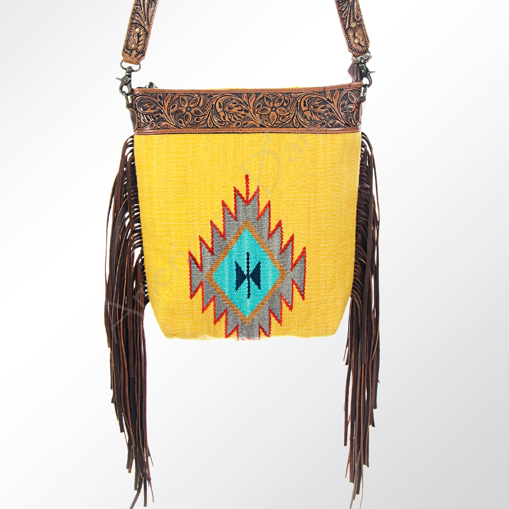 ADBG510 Tooled Leather & Saddle Blanket Crossbody Bag Paisley Western Fringe Purse by American Darling