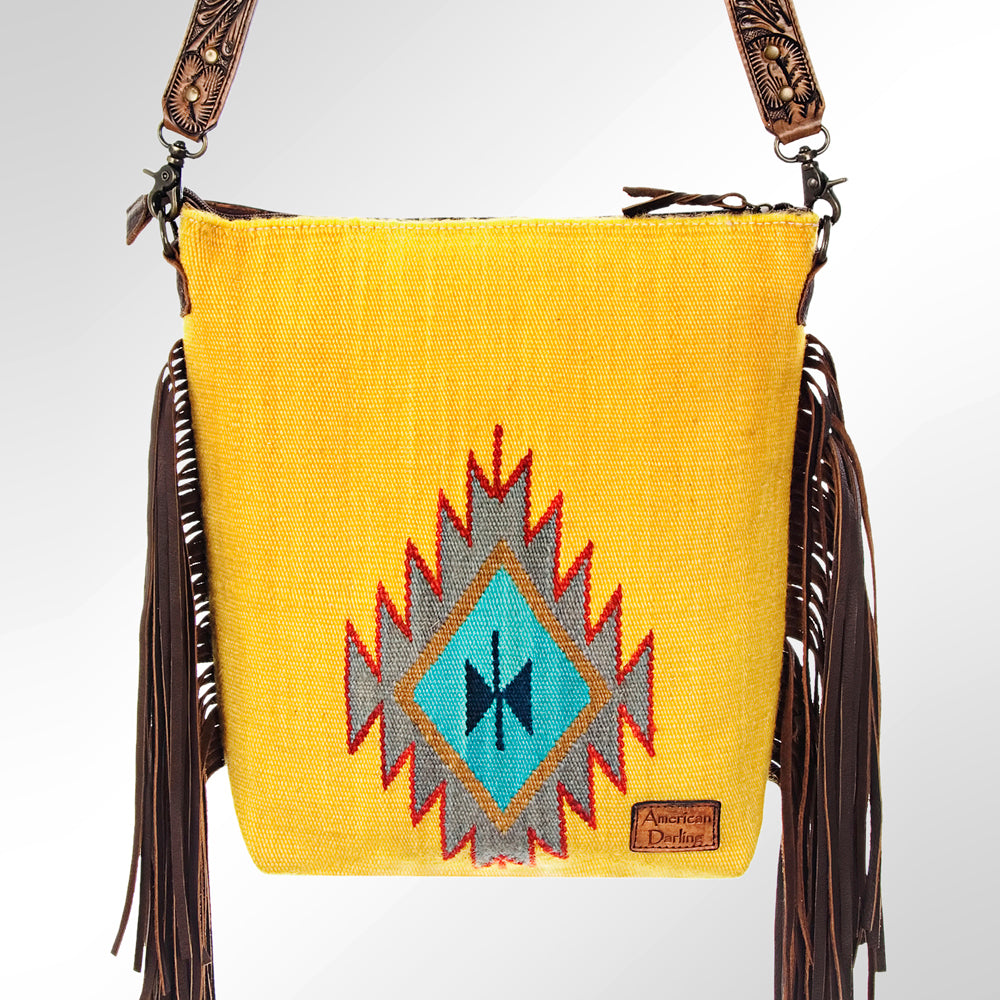ADBG510 American Darling Tooled Leather & Saddle Blanket Crossbody Bag Western Fringe Purse