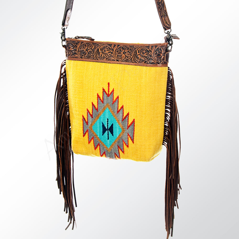 ADBG510 Tooled Leather & Saddle Blanket Crossbody Bag Paisley Western Fringe Purse by American Darling