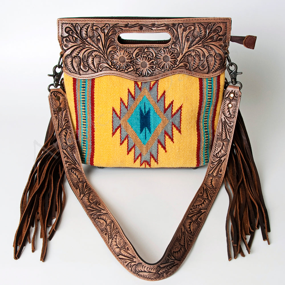 ADBG496 Hand-Tooled Leather Aztec Crossbody Bag with Wool and Fringe