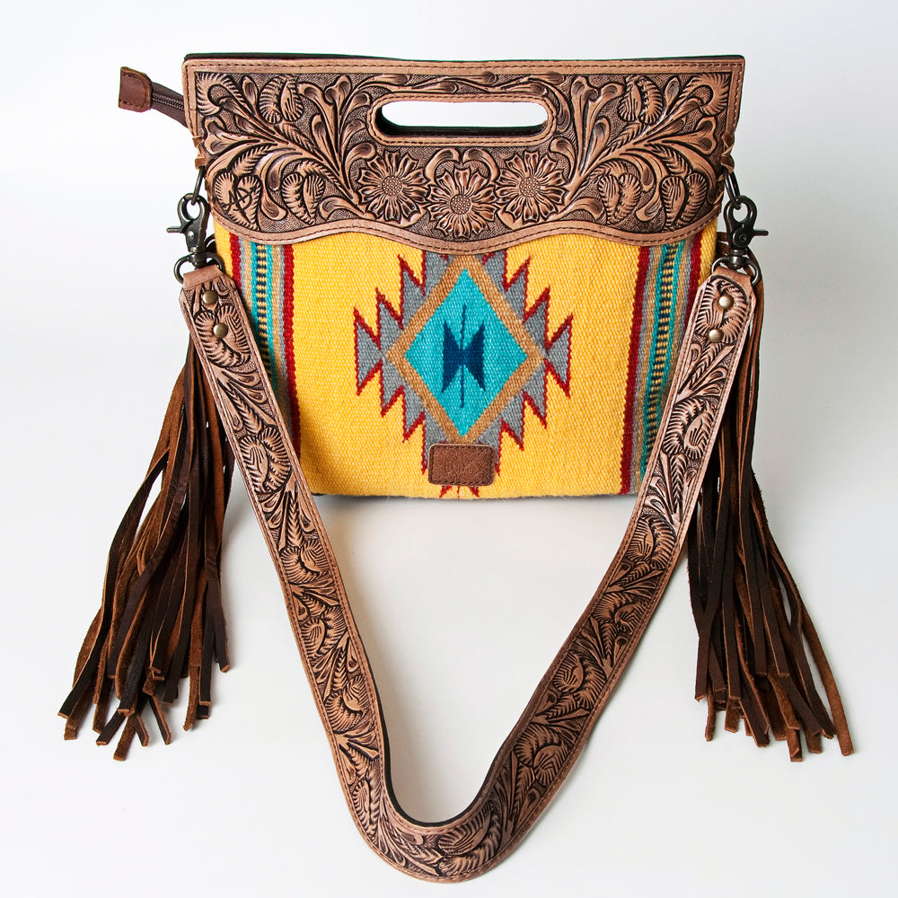 ADBG496 Hand-Tooled Leather Aztec Crossbody Bag with Wool and Fringe