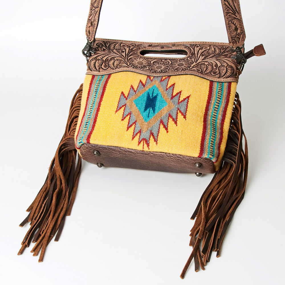 ADBG496 Hand-Tooled Leather Aztec Crossbody Bag with Wool and Fringe