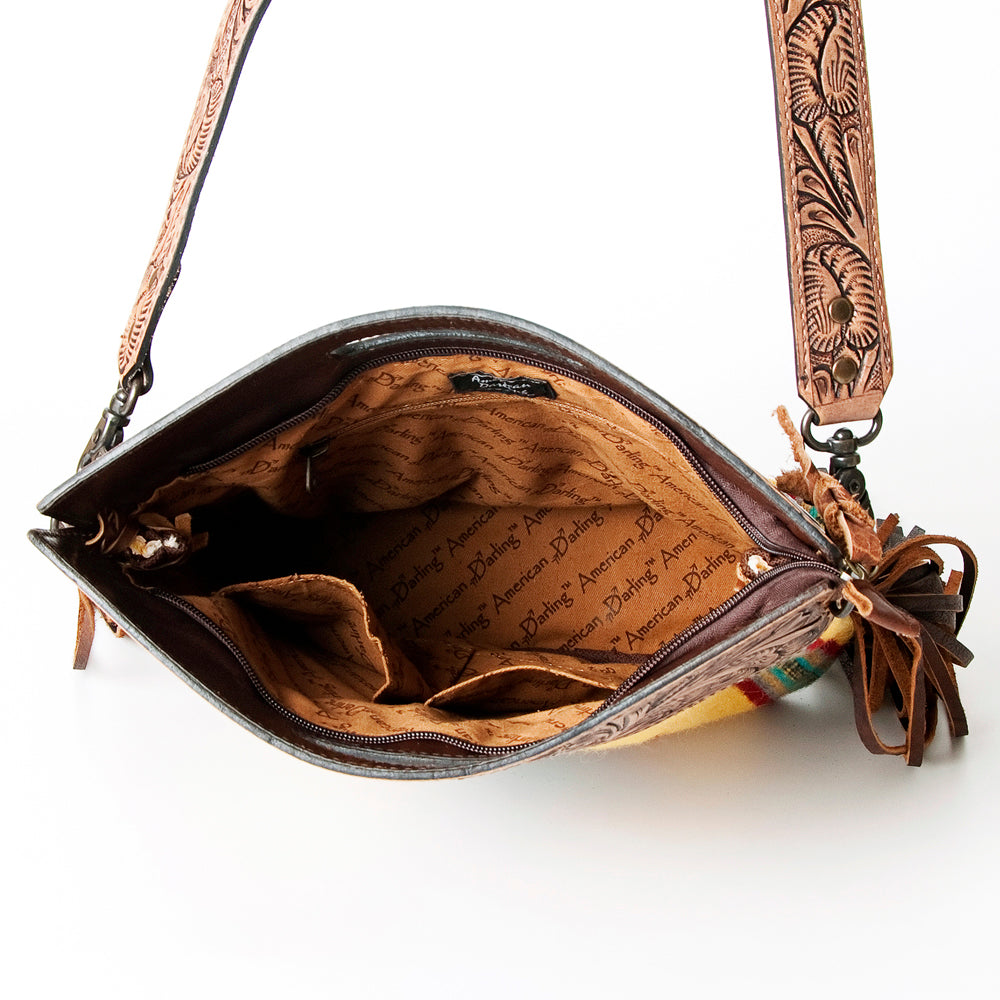 ADBG496 Hand-Tooled Leather Aztec Crossbody Bag with Wool and Fringe