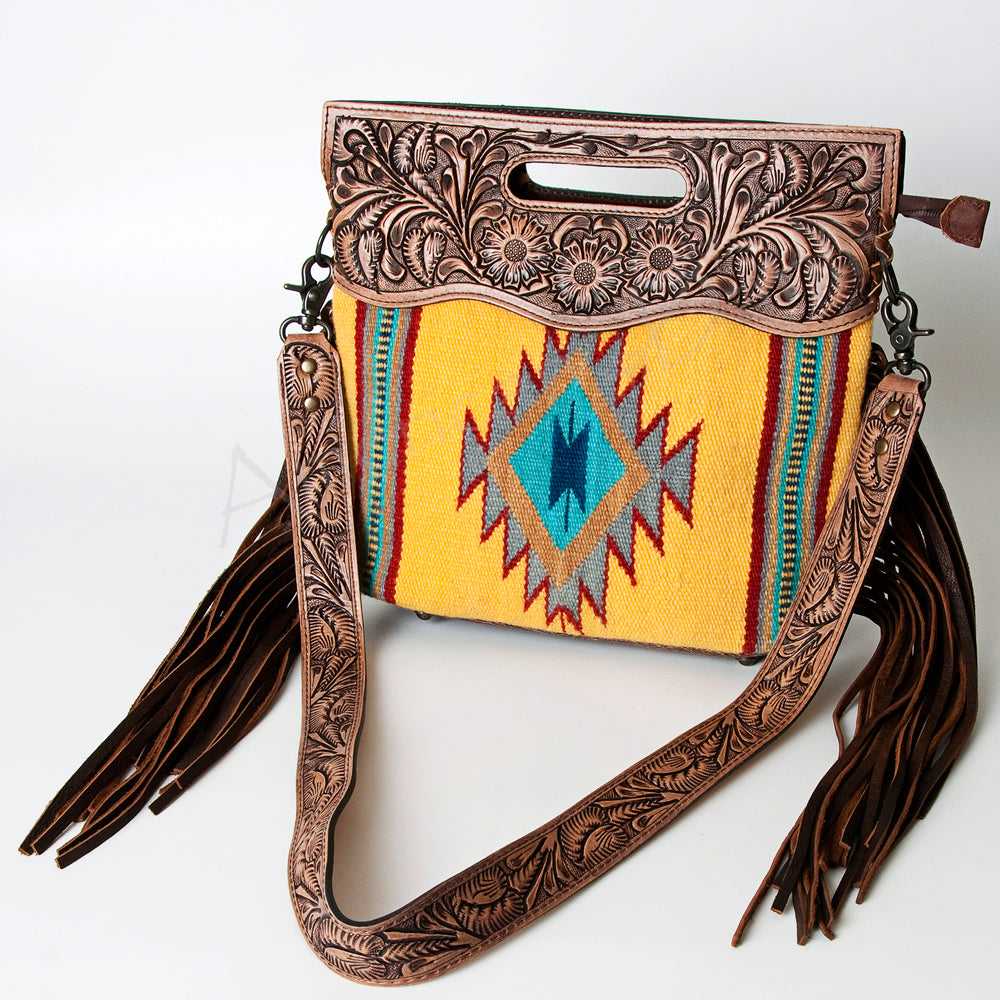 ADBG496 Hand-Tooled Leather Aztec Crossbody Bag with Wool and Fringe