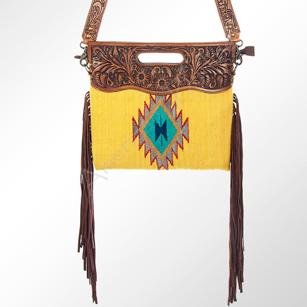 ADBG496 Hand-Tooled Leather Aztec Crossbody Bag with Wool and Fringe