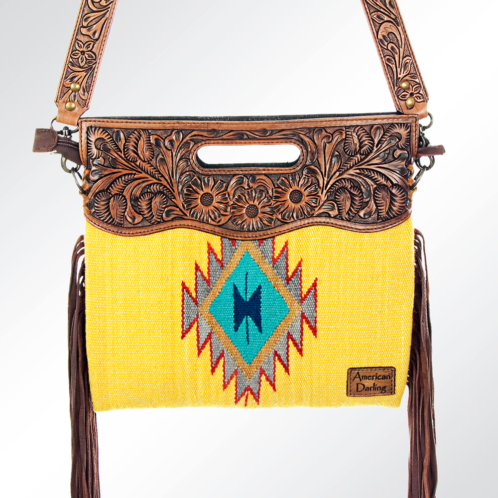 ADBG496 Hand-Tooled Leather Aztec Crossbody Bag with Wool and Fringe