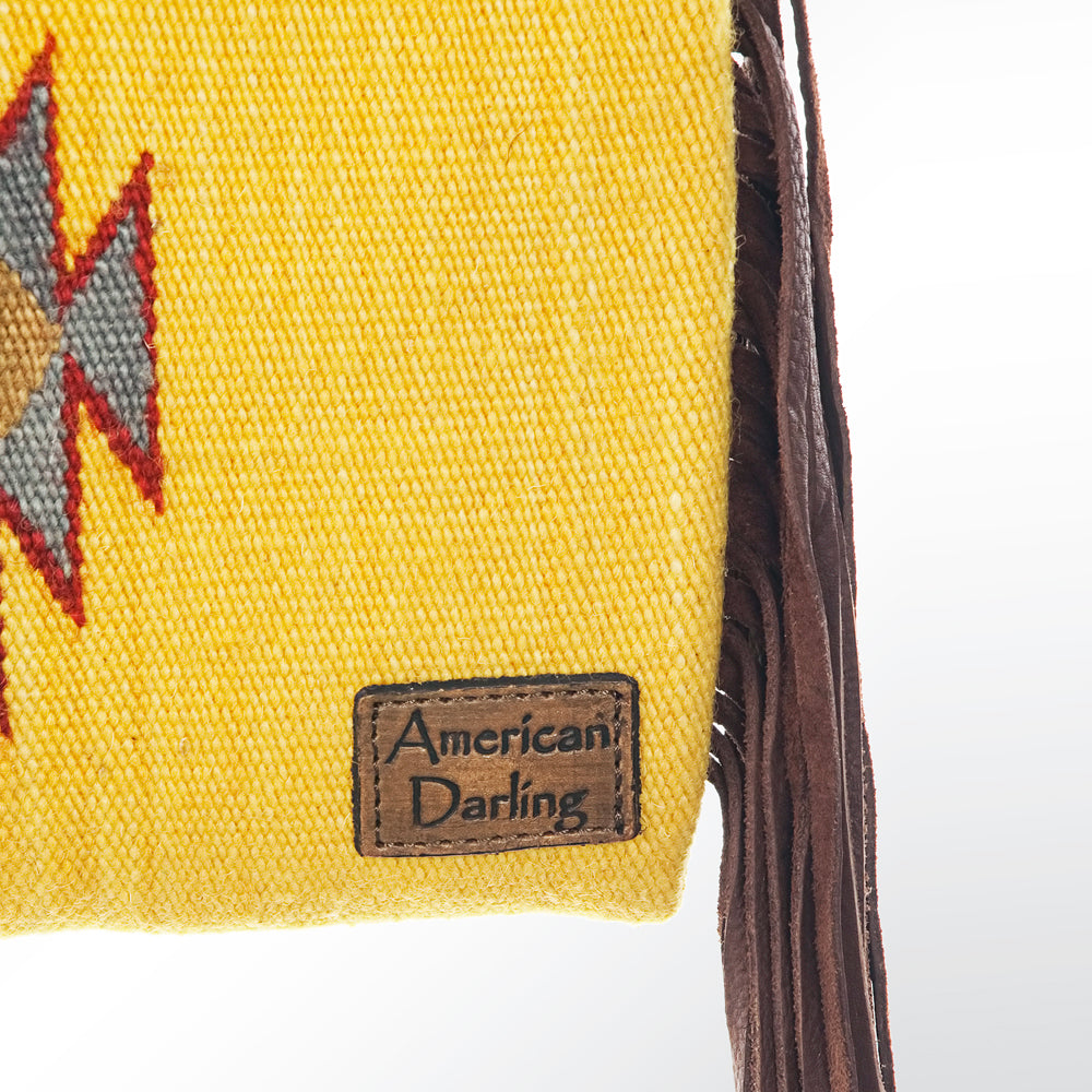 ADBG496 Hand-Tooled Leather Aztec Crossbody Bag with Wool and Fringe