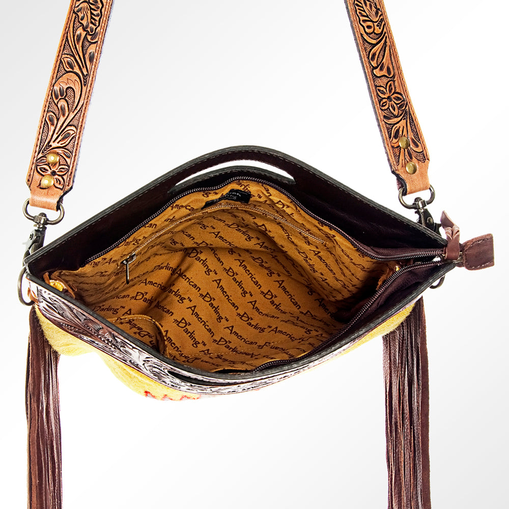 ADBG496 Hand-Tooled Leather Aztec Crossbody Bag with Wool and Fringe