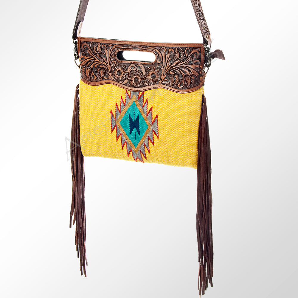 ADBG496 Hand-Tooled Leather Aztec Crossbody Bag with Wool and Fringe