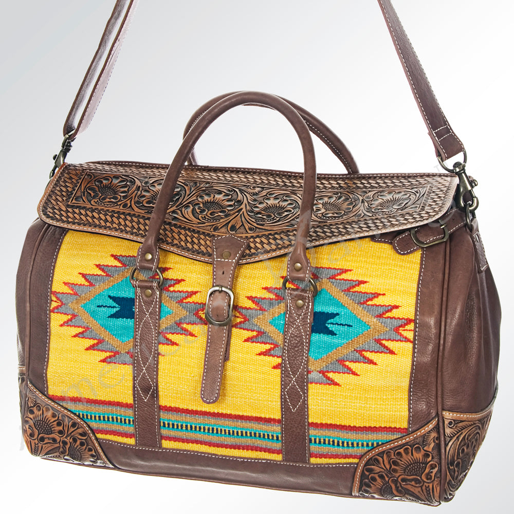 ADBG516 Tooled Leather & Saddle Blanket Duffel Bag Mae Western Travel Weekender by American Darling