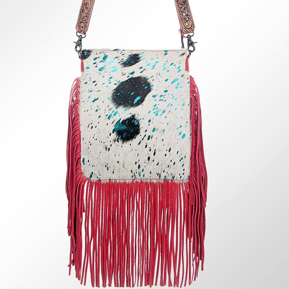 ADBGS192 Splatter Cowhide Large Crossbody Bag with Fringe & Tooled Leather Strap