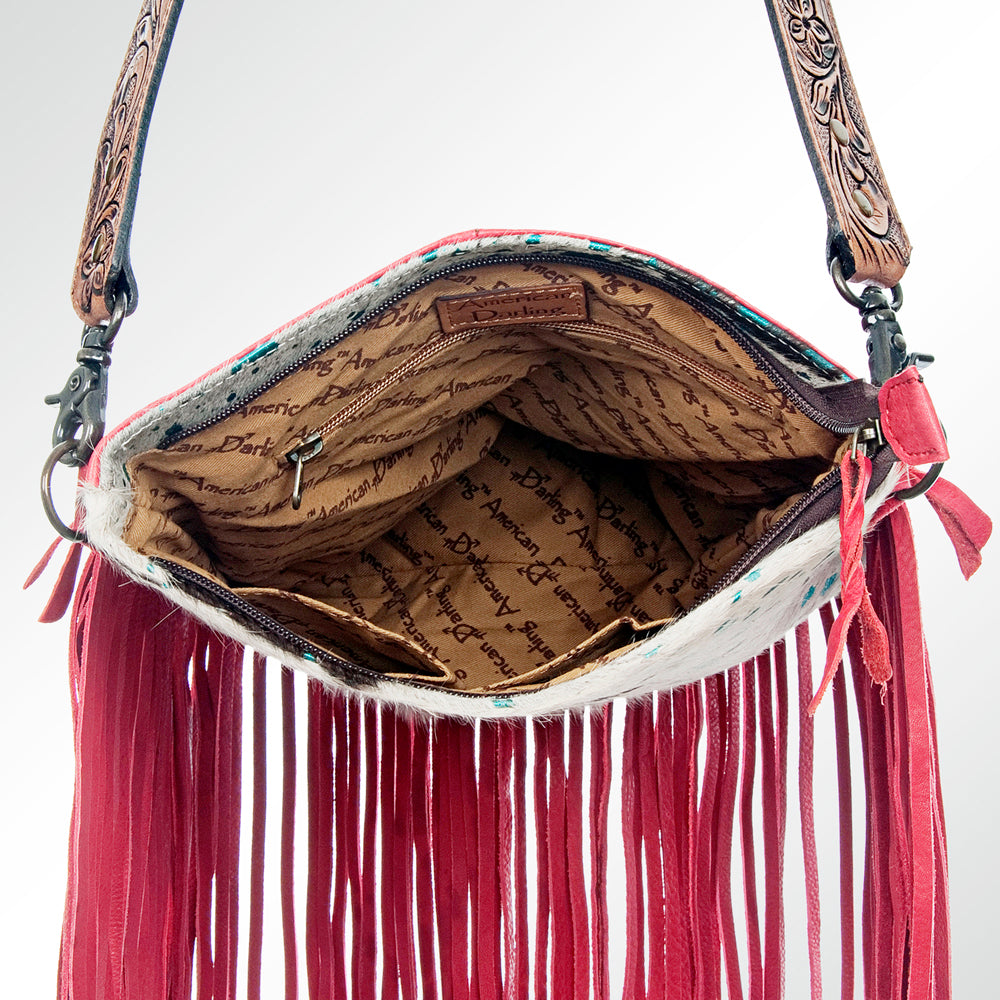 ADBGS192 Splatter Cowhide Large Crossbody Bag with Fringe & Tooled Leather Strap
