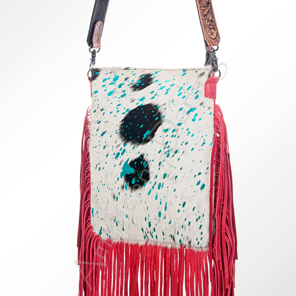ADBGS192 Splatter Cowhide Large Crossbody Bag with Fringe & Tooled Leather Strap