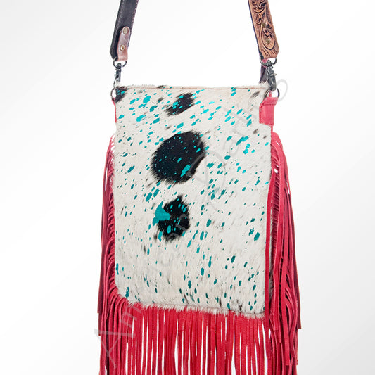 ADBGS192 Splatter Cowhide Large Crossbody Bag with Fringe & Tooled Leather Strap