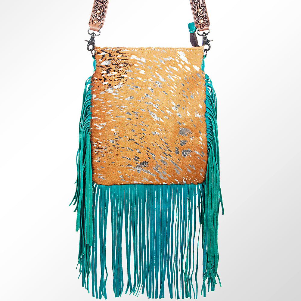 ADBGS192 Splatter Cowhide Large Crossbody Bag with Fringe & Tooled Leather Strap