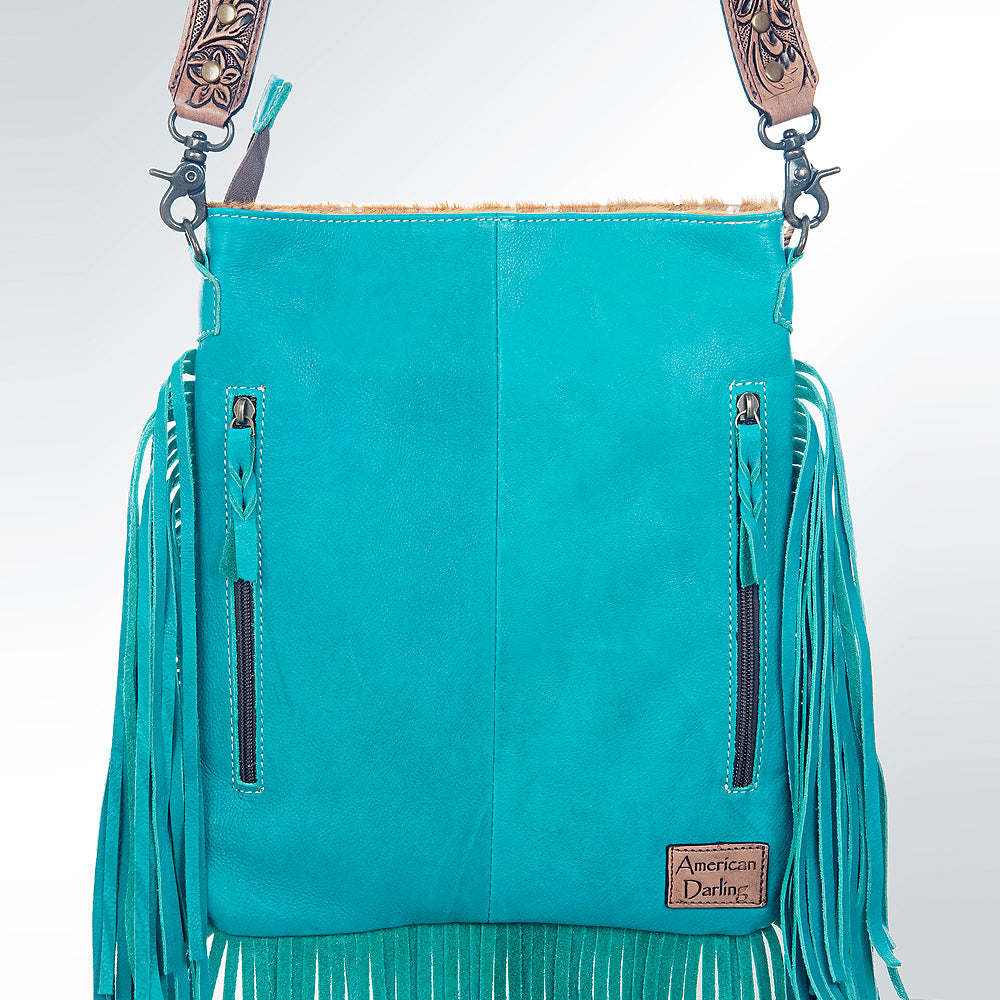 ADBGS192 Splatter Cowhide Large Crossbody Bag with Fringe & Tooled Leather Strap