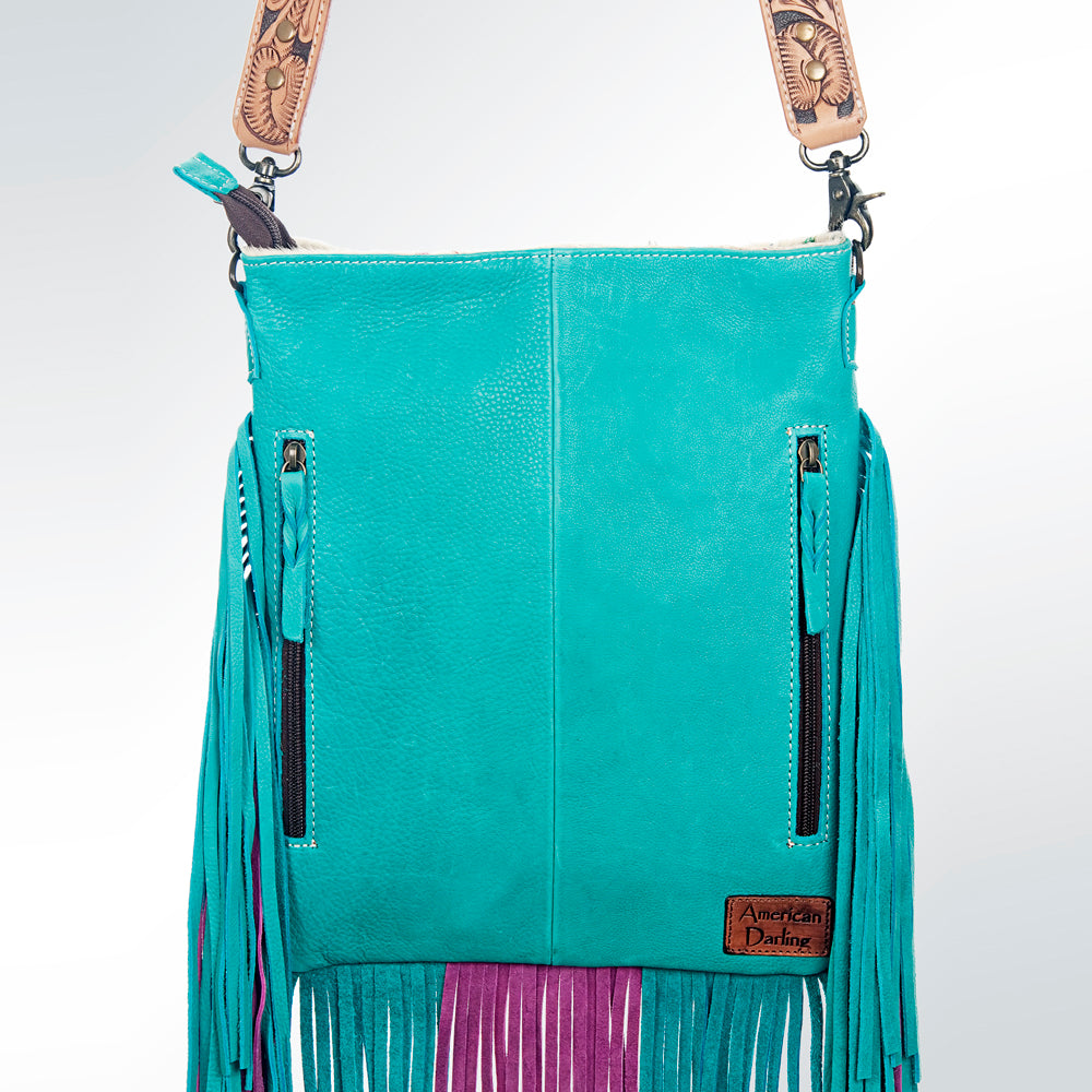 ADBGS192 Natural Cowhide Large Crossbody Bag with Fringe - Tooled Strap Western Purse