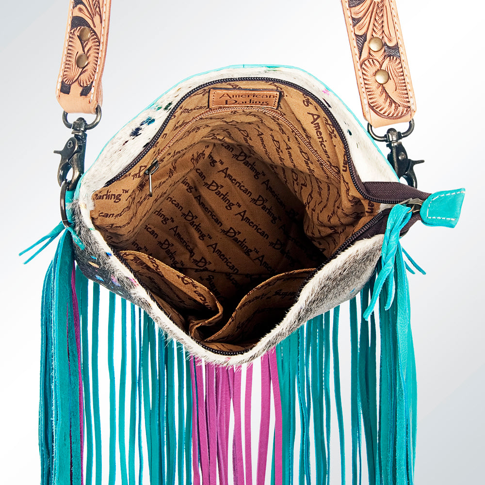 ADBGS192 Natural Cowhide Large Crossbody Bag with Fringe - Tooled Strap Western Purse