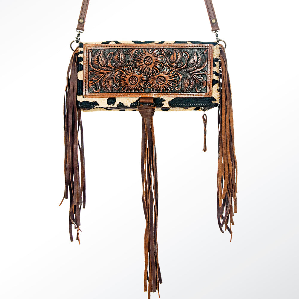 ADBG526 Hair-On Cowhide Shoulder Bag with Hand-Tooled Leather Floral Panel & Fringe
