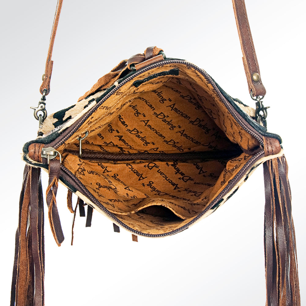 ADBG526 Hair-On Cowhide Shoulder Bag with Hand-Tooled Leather Floral Panel & Fringe