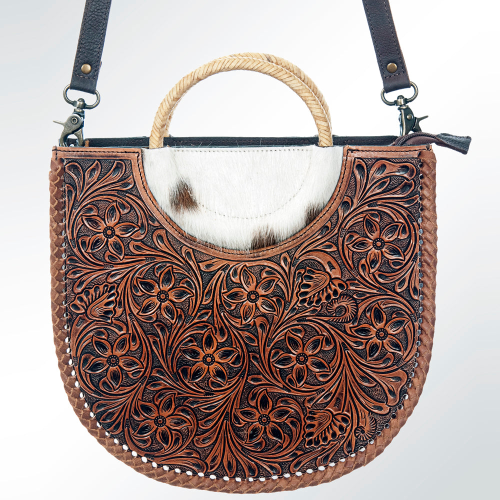 LC-ADBG589 Tooled Leather and Cowhide Half-Moon Tote Floral Carved Western Bag with Woven Handles