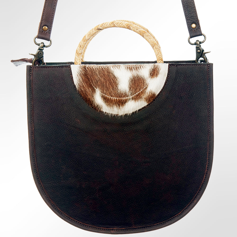 LC-ADBG589 Tooled Leather and Cowhide Half-Moon Tote Floral Carved Western Bag with Woven Handles