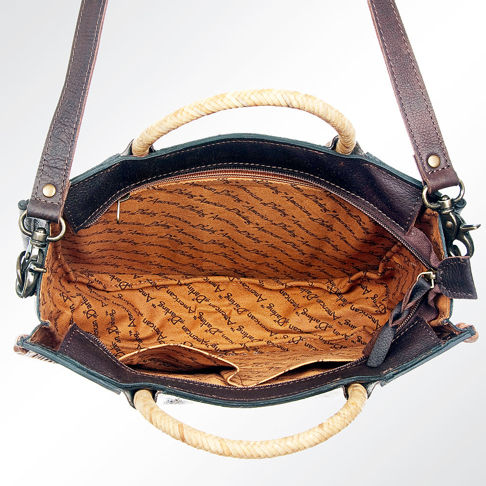 LC-ADBG589 Tooled Leather and Cowhide Half-Moon Tote Floral Carved Western Bag with Woven Handles