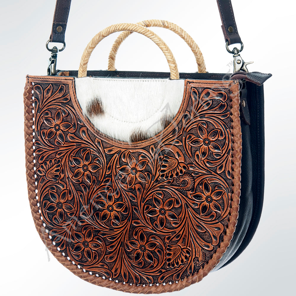 LC-ADBG589 Tooled Leather and Cowhide Half-Moon Tote Floral Carved Western Bag with Woven Handles