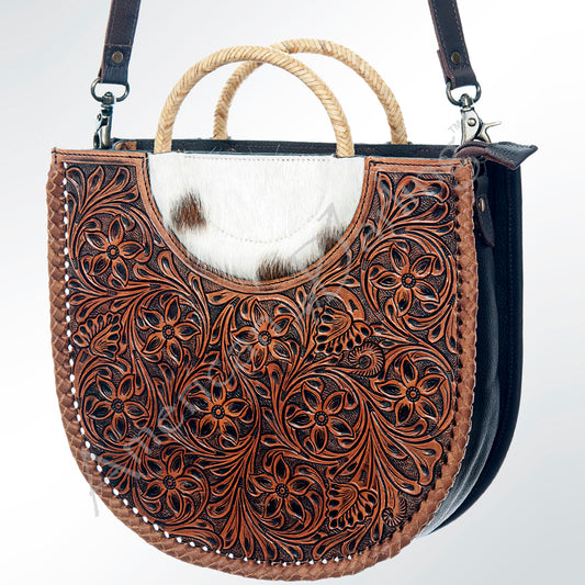 LC-ADBG589 Tooled Leather and Cowhide Half-Moon Tote Floral Carved Western Bag with Woven Handles