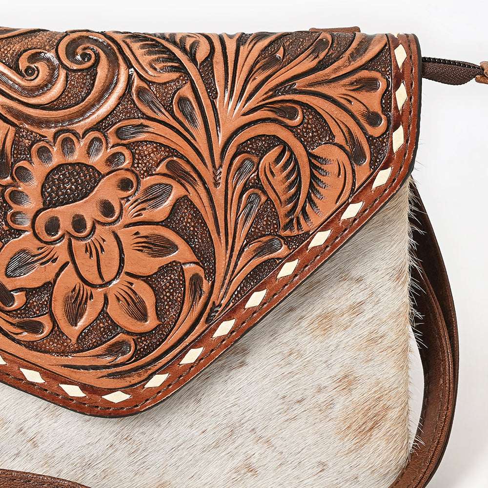 ADBG590 Tooled Leather & Cowhide Envelope Crossbody Western Floral Flap Hair-On-Hide Purse