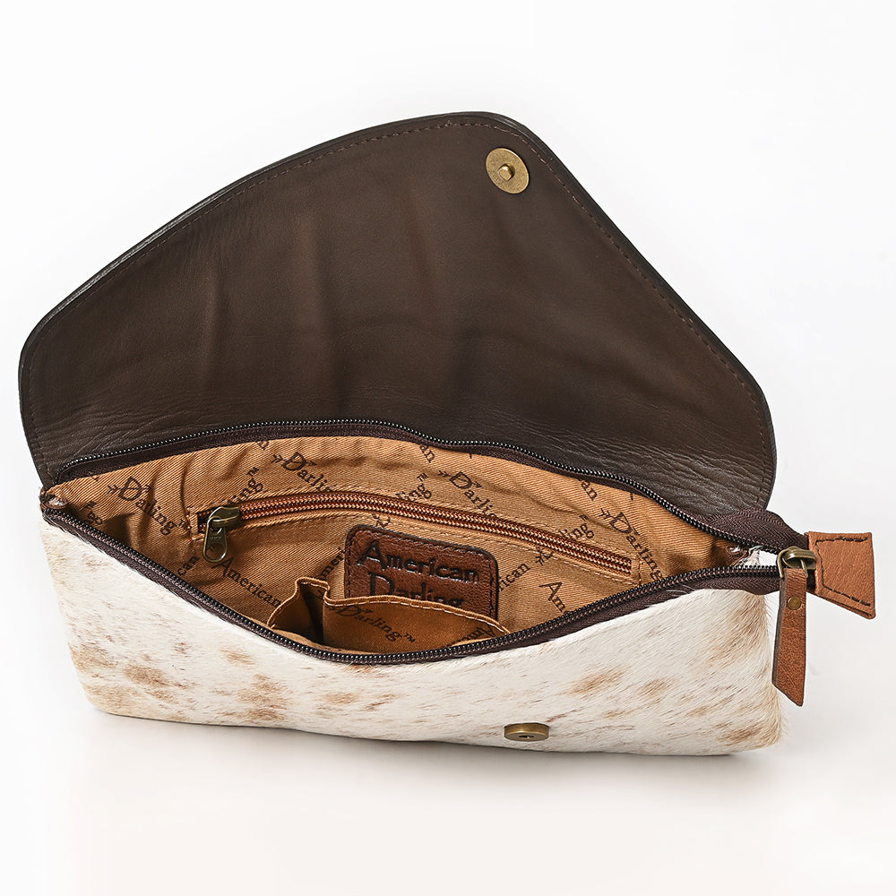 ADBG590 Tooled Leather & Cowhide Envelope Crossbody Western Floral Flap Hair-On-Hide Purse