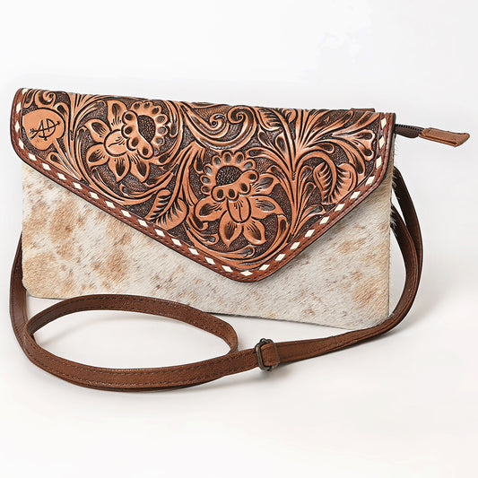 ADBG590 Tooled Leather & Cowhide Envelope Crossbody Western Floral Flap Hair-On-Hide Purse