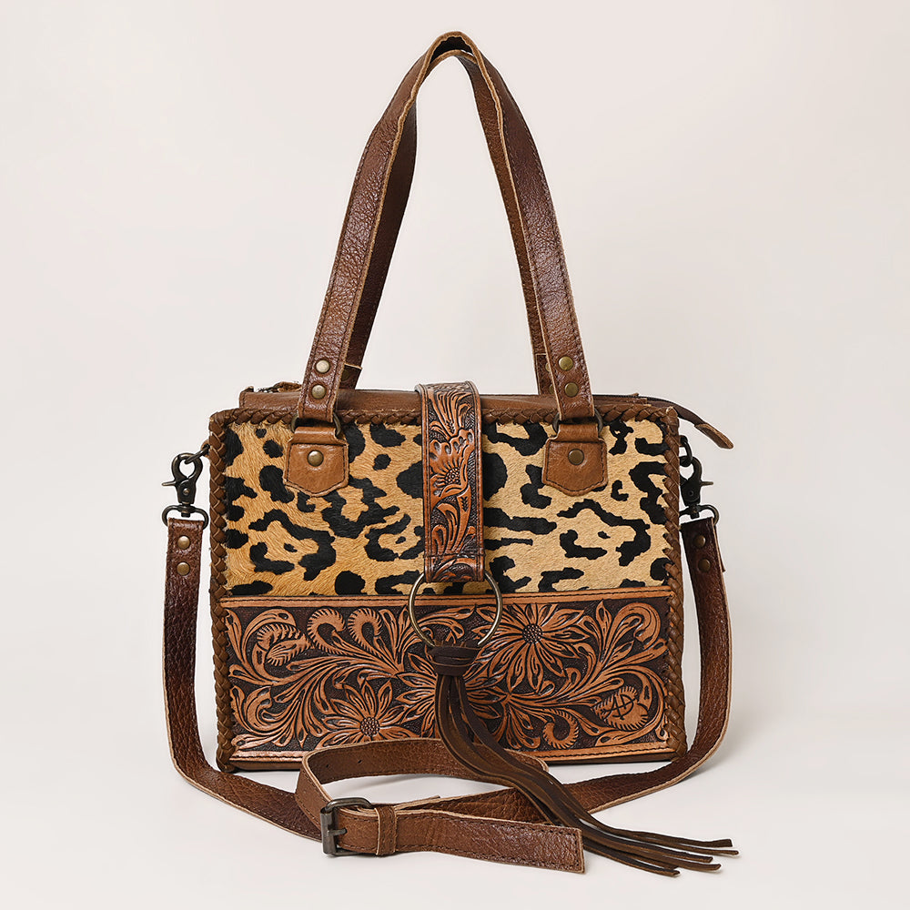 LC-ADBG591 Leopard Hair-On-Hide Tote with Tooled Leather Floral Strap Western Satchel with Fringe Accent