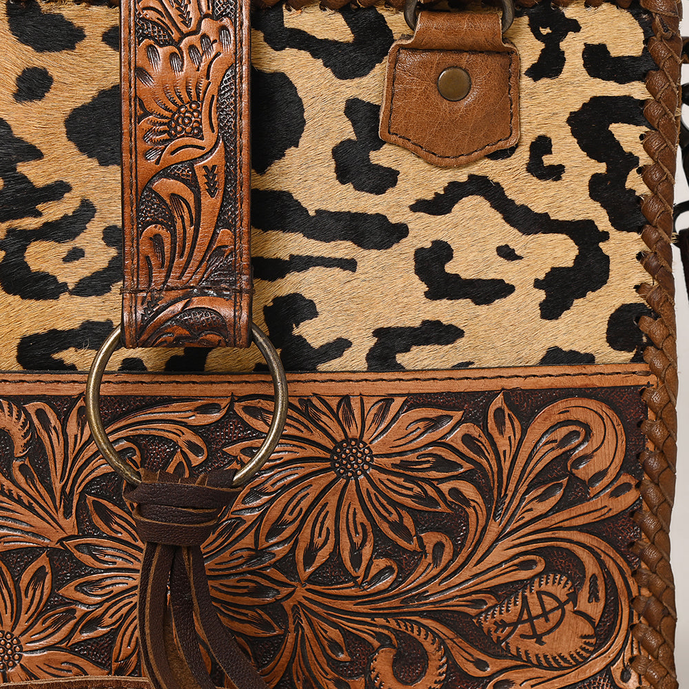 LC-ADBG591 Leopard Hair-On-Hide Tote with Tooled Leather Floral Strap Western Satchel with Fringe Accent
