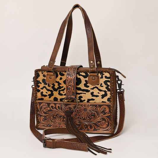 LC-ADBG591 Leopard Hair-On-Hide Tote with Tooled Leather Floral Strap Western Satchel with Fringe Accent