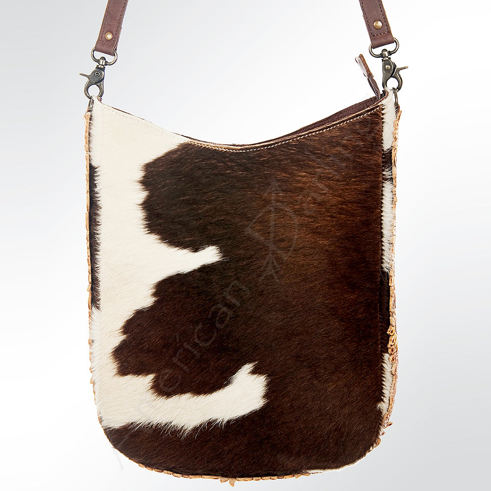 LC-ADBG593 Cowhide Bucket Bag with Tooled Leather Sunflower Accents Western Hair-On-Hide Tote